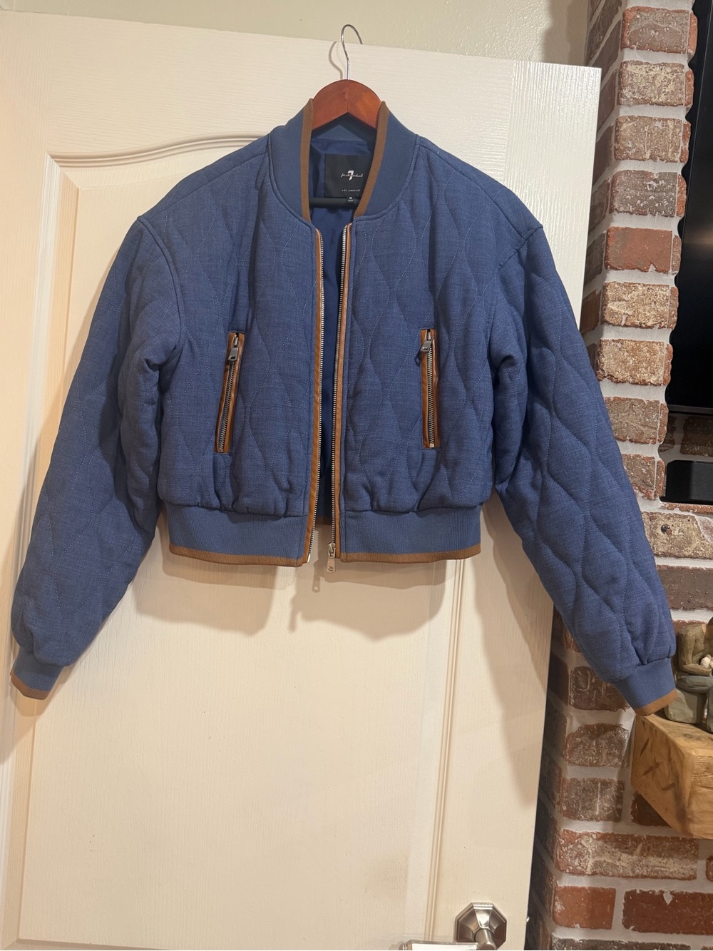 7 For All Mankind Quilted Blue Bomber Jacket with Tan Trim